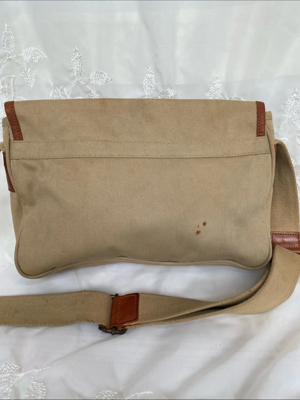Vintage Giordano Canvas Messenger Bag with Brown Leather Trim - Beige